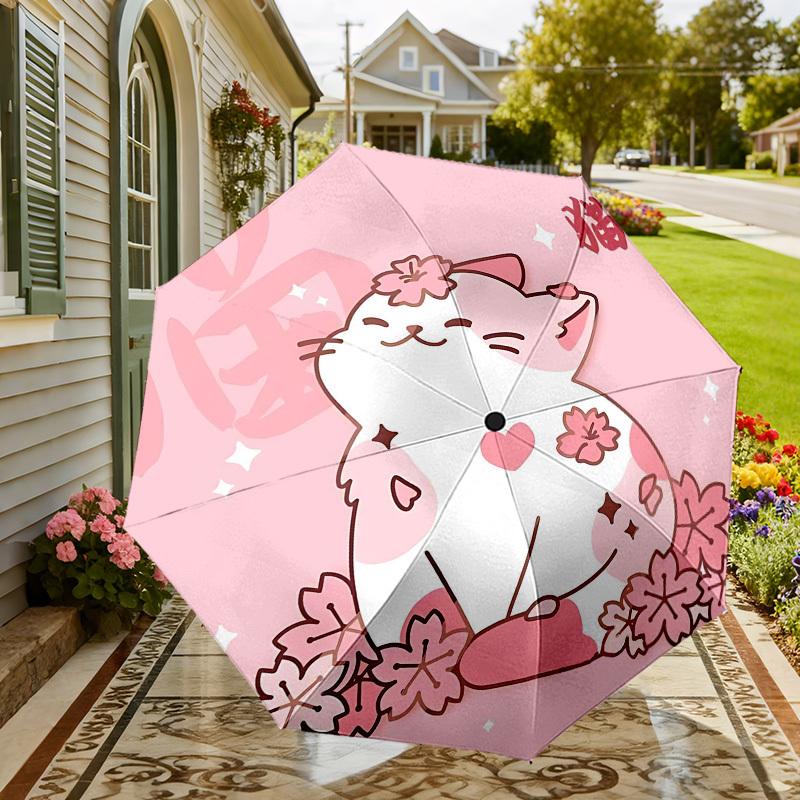 1pc Cherry Blossom Cat Automatic Folding Umbrella 8 Rib Iron Frame,  Suitable for Travel, Daily Use, Birthday, Women & Men Gift c1231073
