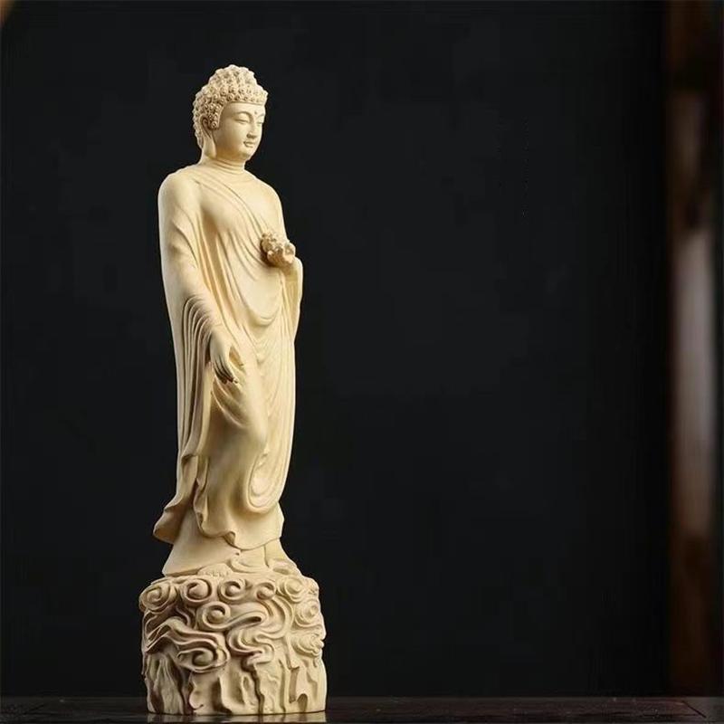 Solid Wood Carving Amitabha Buddha Figurine Room Decor Statue Sculpture Art Crafts Ornament Buddhist Supply Home Decoration