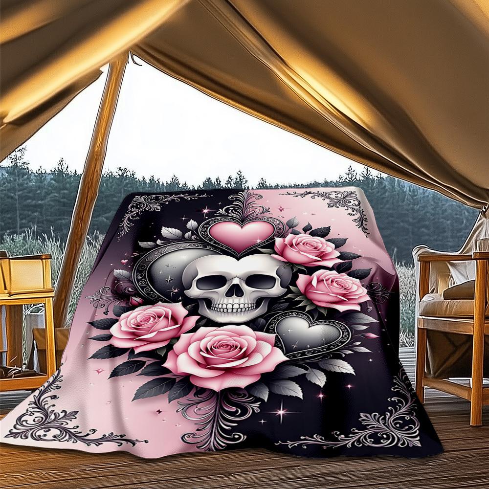 1pc Skull Roses Heart Decorative Outdoor Flannel Blanket , Machine Washable Perfect Gift for Birthday , Holiday Travel Accessory , Durable Material