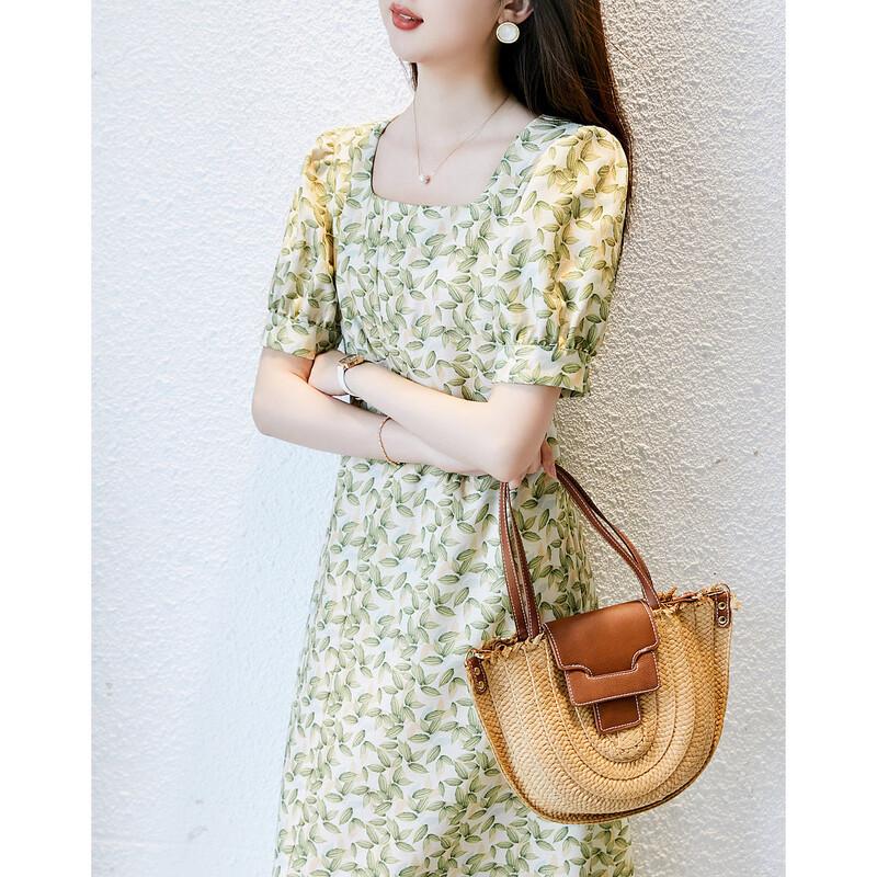 DME French Plant Print Square Neck Midi Dress L