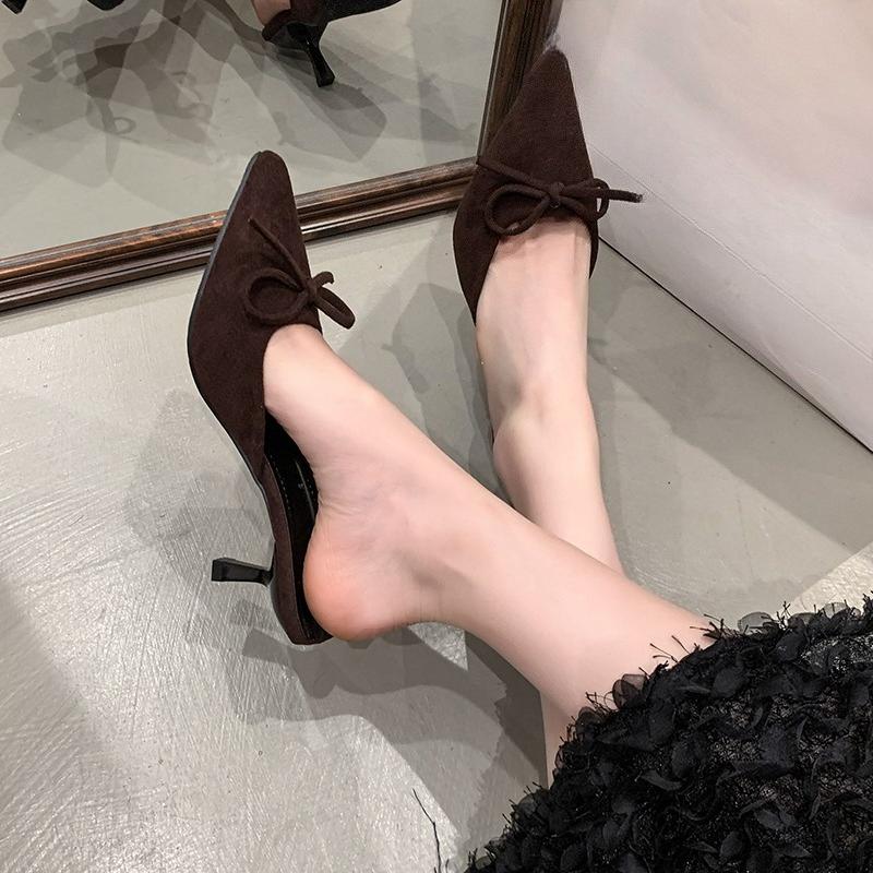 Fashion Butterfly-Knot Flock Women Heels Pumps Shoes Mules Slip on Footwear Shallow Ladies Medium Heels Shoes Female Slides