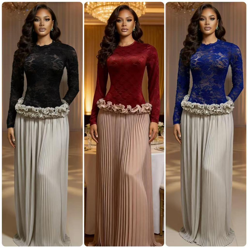 Elegantes Abendkleid mit hohem Bund, langen Ärmeln, Spitze und plissiertem Rüschenrock
