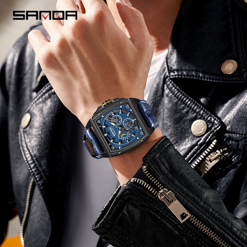 SANDA Quartz Square Wristwatch with Luminous Dial and Three-Eye Six-Hand Design, Simple Bar Numerals, Fashionable Student Style