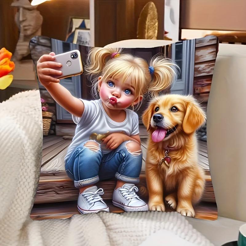 Charming Girl And Dog Printed Pillowcase Decoration Pillow Home Decoration Daily Home Decoration