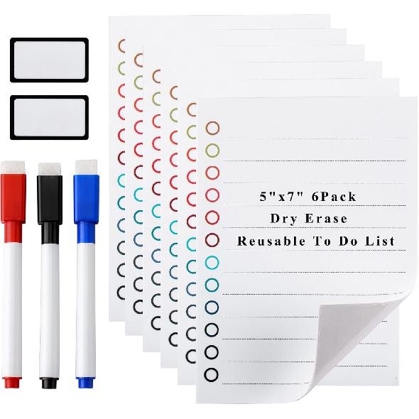 Mornajina 6Pcs Dry Erase to Do List 5x7 inch, Whiteboard Stickers for Wall with 3 Markers, Reble Lined Stickies Planner to Do List, Suitable for