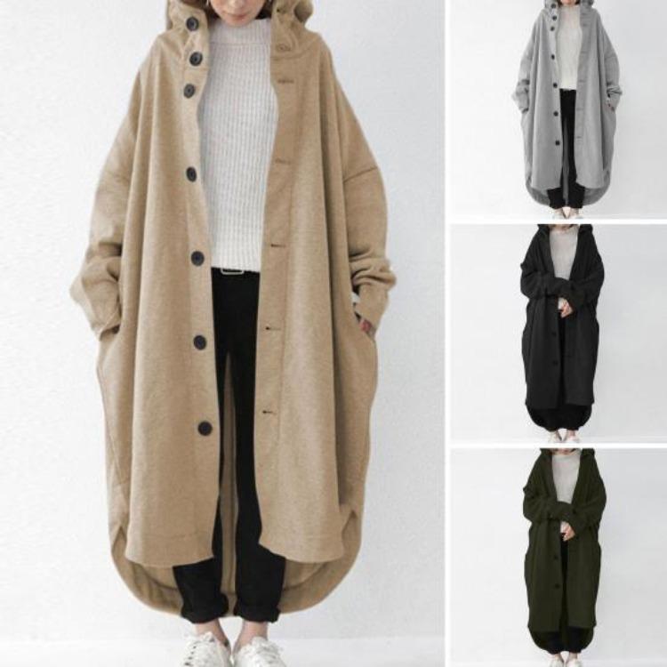 Winter Women Long Sleeve Trench Coat Ankle Length Hooded Single Breasted Thick Pockets Solid Color Irregular Hem Casual Outdoor Jacket