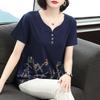 Women Loose V Neck Short Sleeve Printed Cotton T Shirt Middle Aged Mom Casual Top