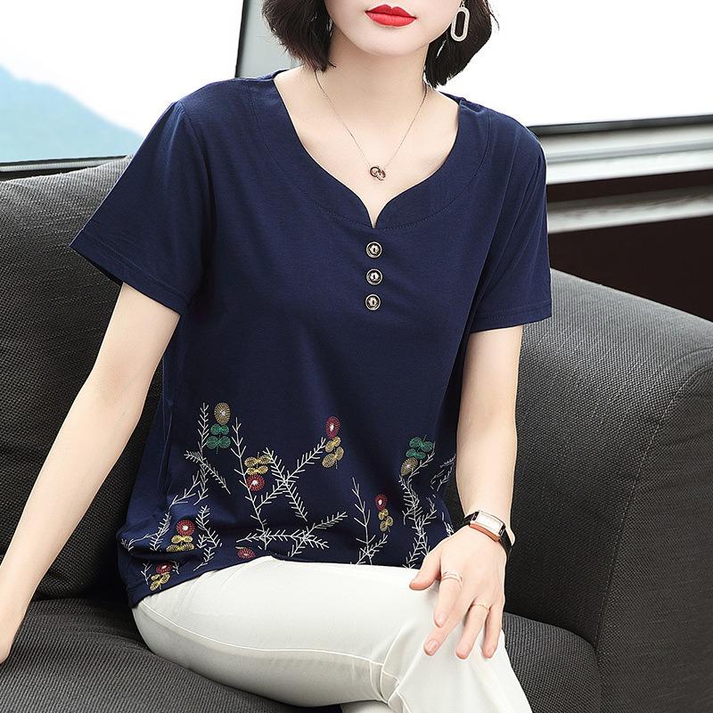 Women Loose V Neck Short Sleeve Printed Cotton T Shirt Middle Aged Mom Casual Top