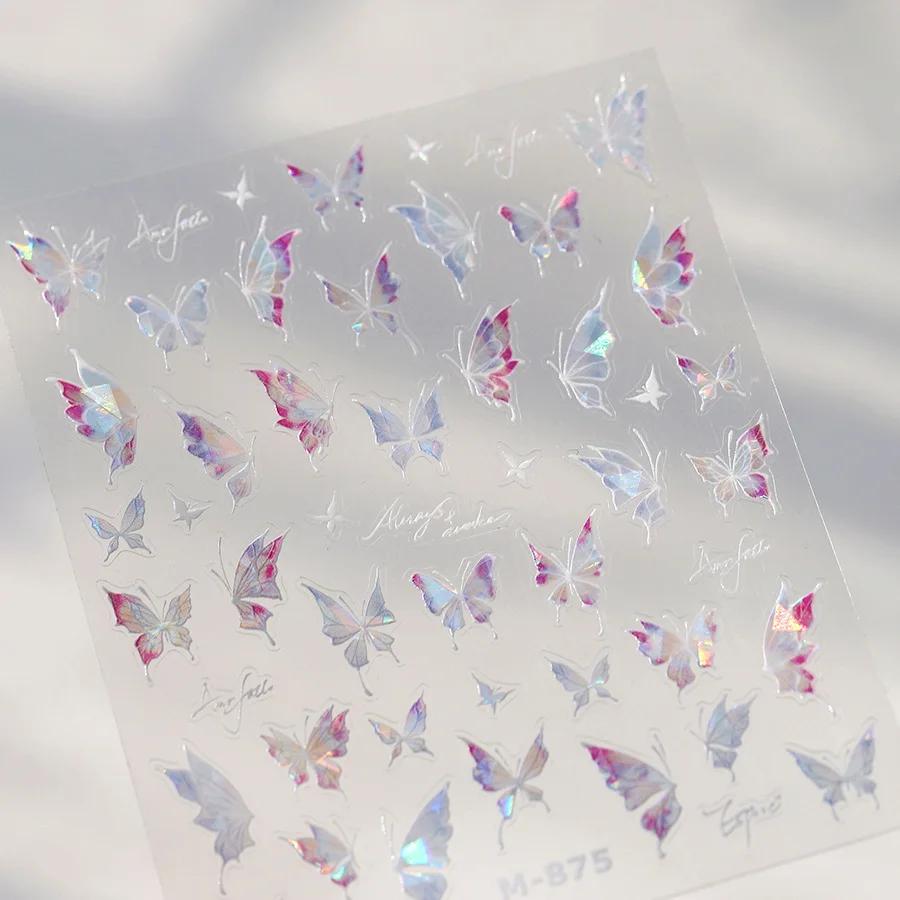 Gradient White Pink Butterfly Flower Shiny Stars Chic Spring Petal 5D Soft Adhesive Nail Art Stickers Decorations Manicure Decal