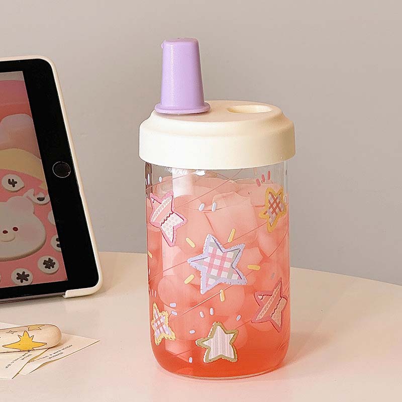 Kawaii Glass Water Bottle For Girls With Straw New Bubble Juice Milk Tea Cup Student Heat-resistant Glass Drinking Bottle 500ML