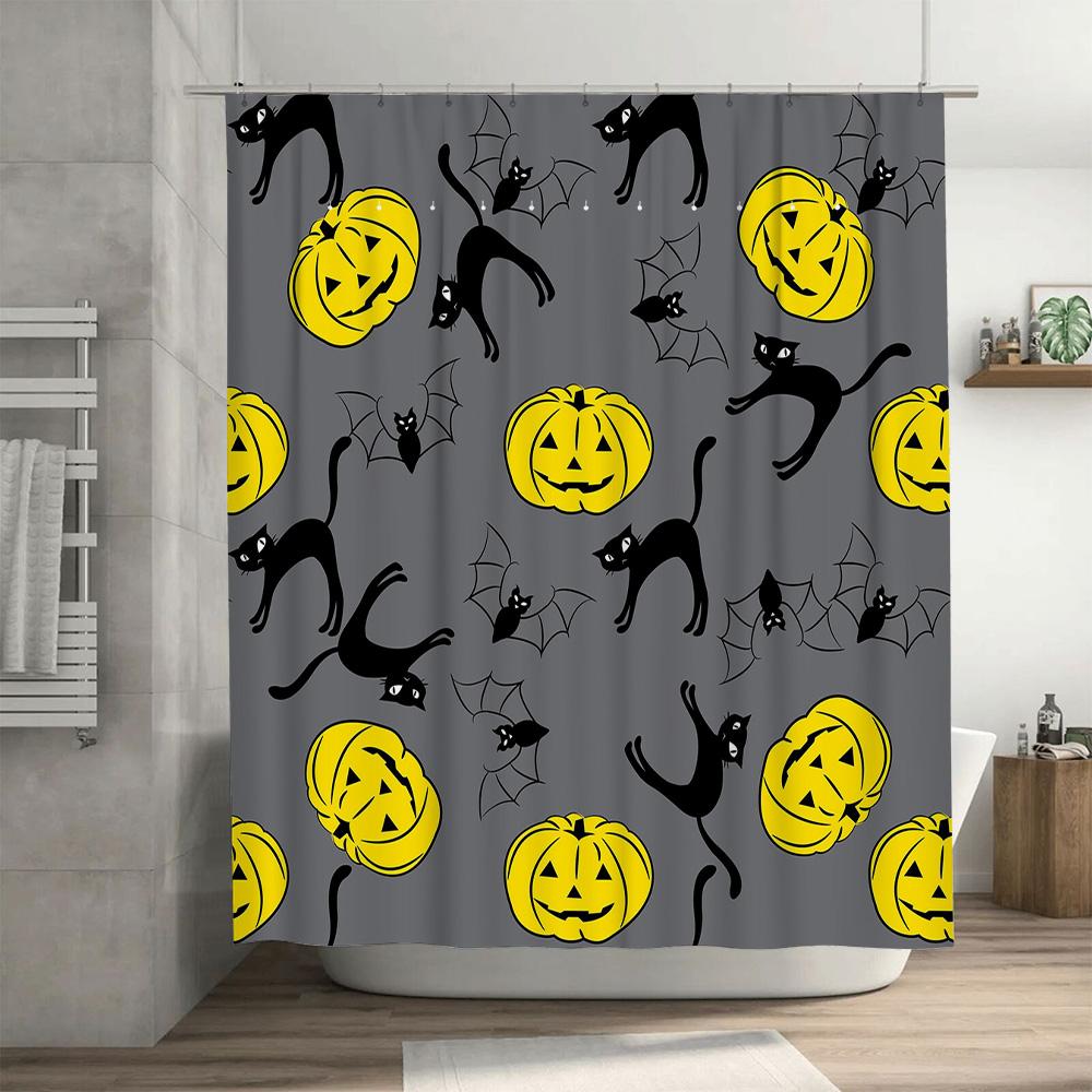 Halloween Bath Mat Black Cats Jack-o'-Lanterns Shower Curtain Set for Bathroom Decor Waterproof Fabric with Ring Holders (gray)