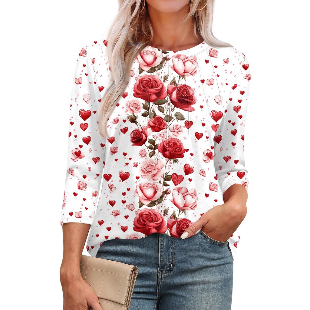 Women's Fashionable Round Neck 3/4 Sleeve Printed Casual Basic Pleated Pullover T-shirt Top