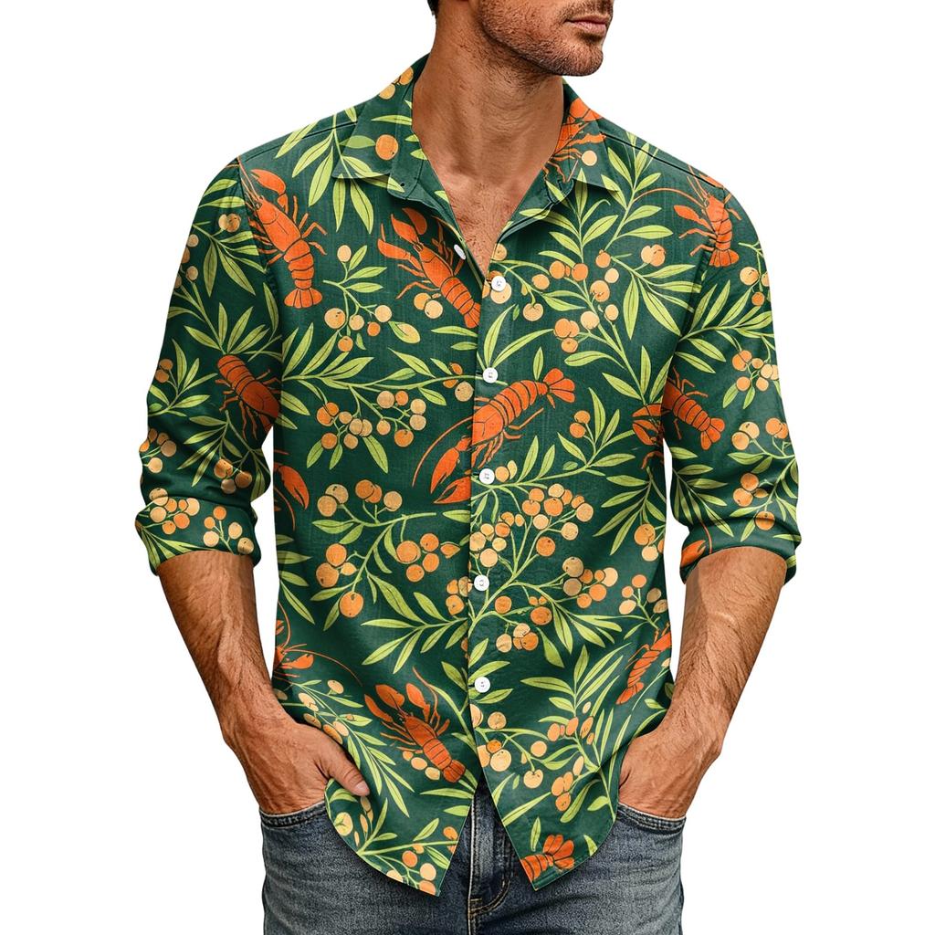 Men's Long Sleeve Hawaiian Shirt Lobster Print Button Down Collar Casual Beach Shirt for Summer Vacation and Outdoor Activities