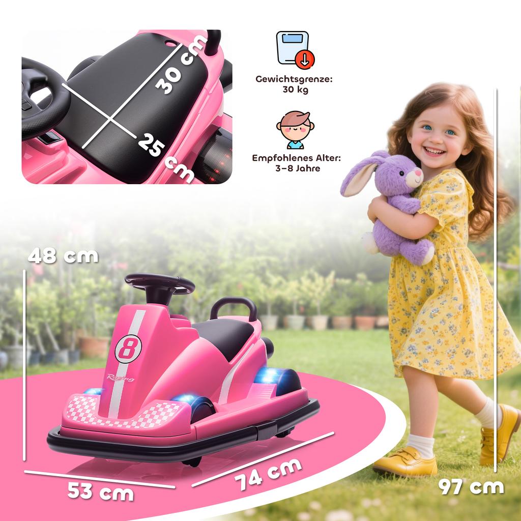 Bumper Car for Kids, 360-Degree Rotatable, Steering Wheel, LED Lights, Music Function, 3-8 Years, Pink