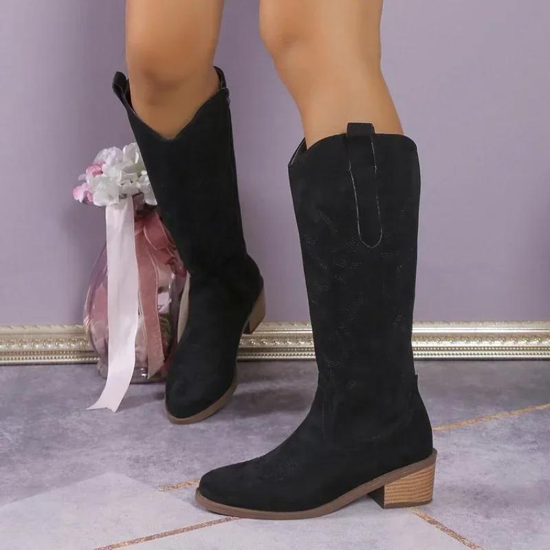 Fashion Women Embroidery Knight Boots Women Retro Square Toe PU Leather Knee High Boots Female Autumn Winter Western Cowboy Botas Mujer