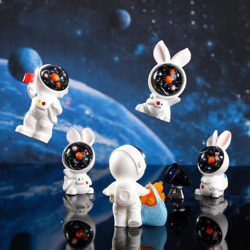 3pcs Planet Astronaut Bunny Rabbit Resin Mini Figures Cute Cartoon Ornament Miniature Craft DIY Accessories Home Desk Decor Gift
