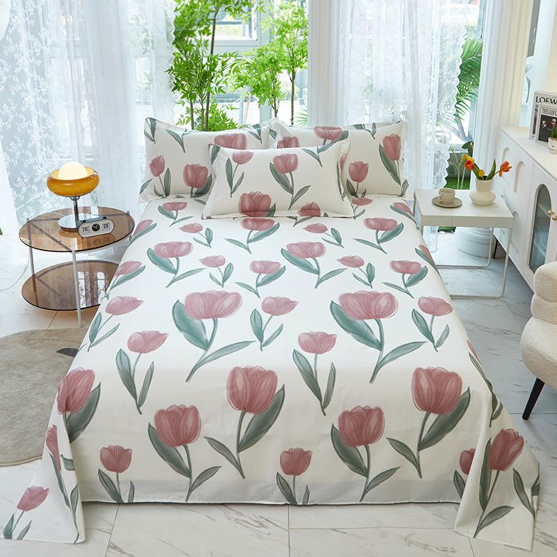 100% Cotton Country Floral Flat Sheet 3 Pieces Tulip Bed Sheet Set Soft Botanical Flower Blossoms Bed Cover with 2 Pillow Cases