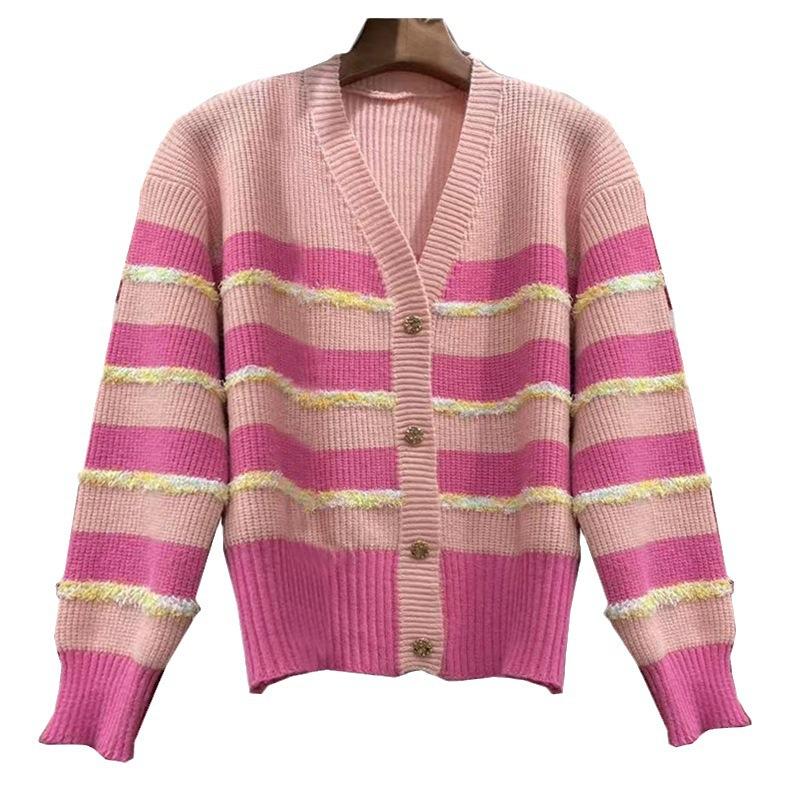 Autumn Striped V-neck Knitted Cardigan Jacket Chic Short Tops Design Sense Niche Female Comfortable Versatile and Fashionable