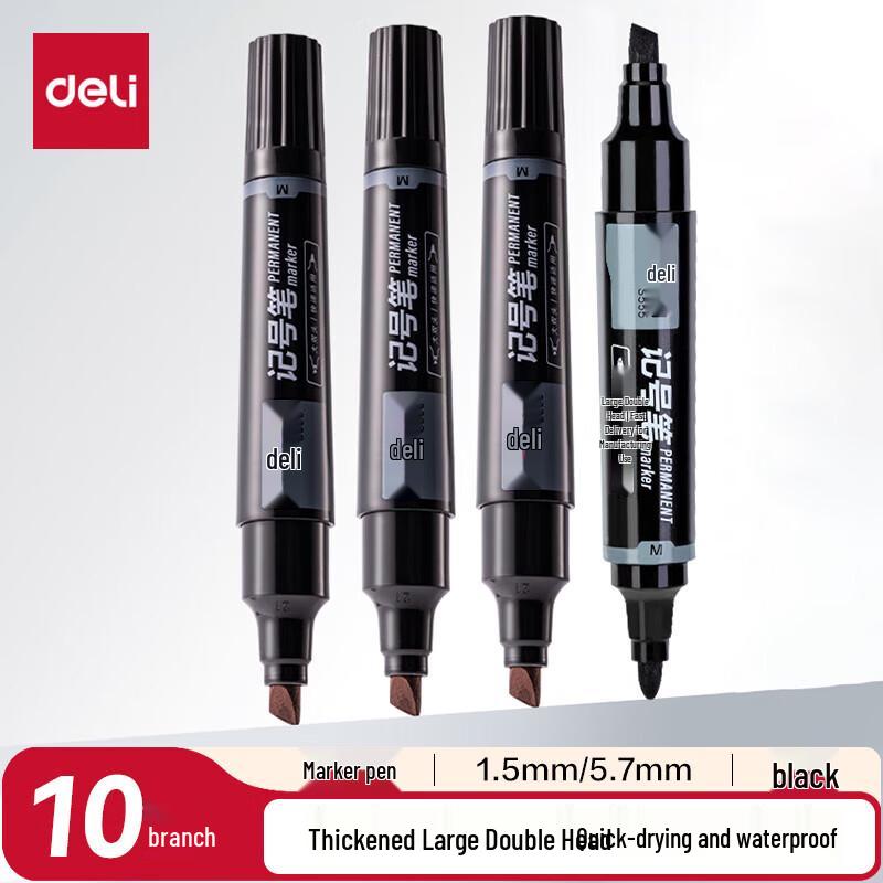 Deli Dual-Tip Permanent Marker Pen, Black, 10-Pack