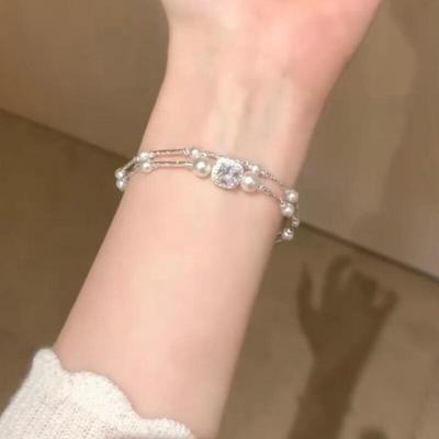 Double Layer Zircon Pearl Square Bracelet - Exquisite Light Luxury Fashion Jewelry