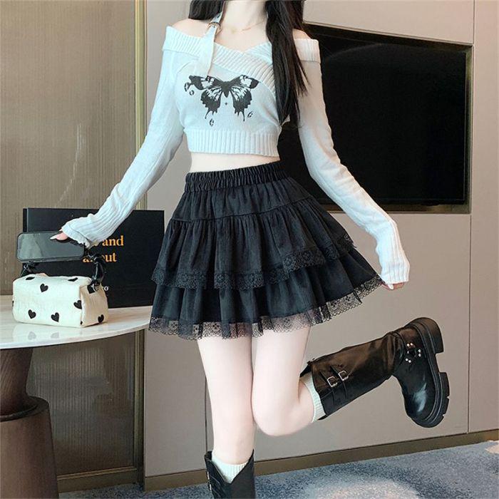 Women's Summer 2025 High Waist Lace Trim A-Line Ballet-Style Midi Skirt