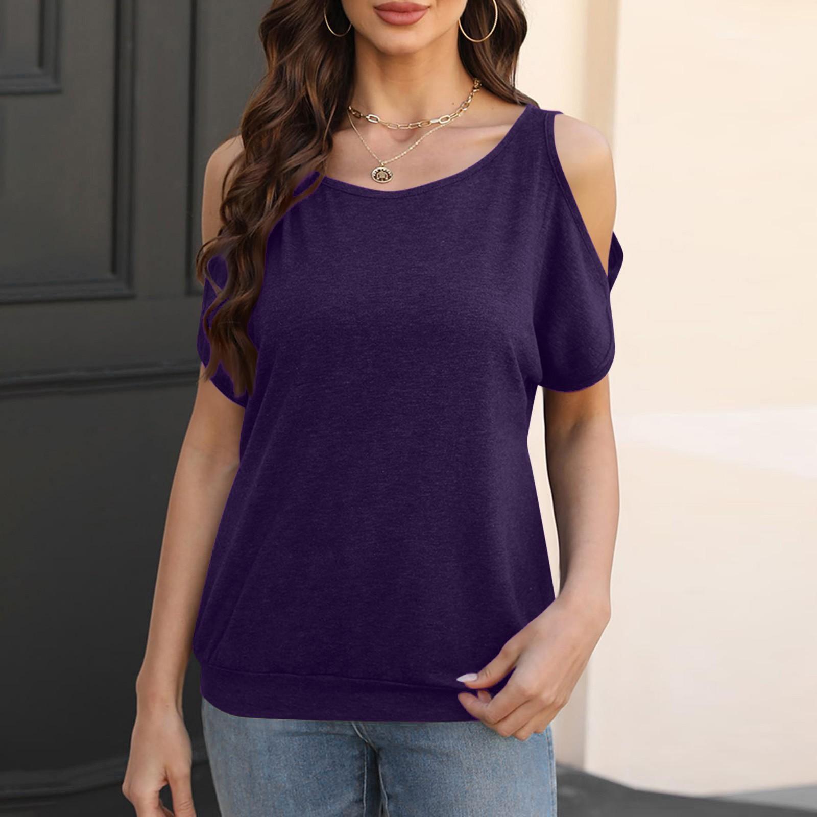 

Women s Fashion Solid Color Round Neck Strapless Loose Casual Top L фиолетовый