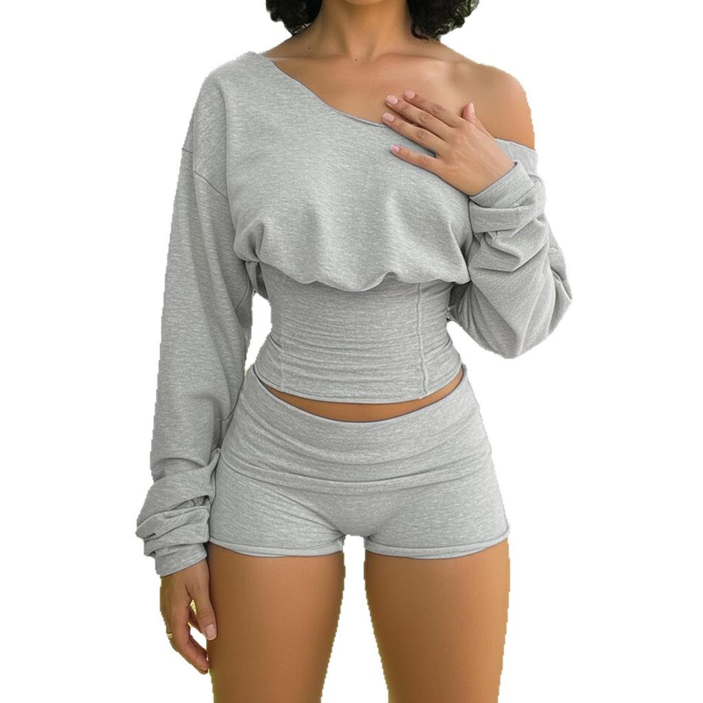 American Casual Off-Shoulder Long-Sleeve Hoodie Waist-Cinched Sportswear Set