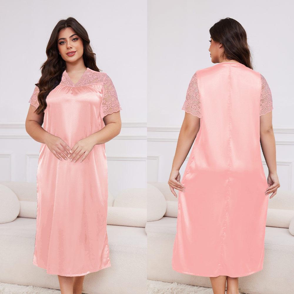 Women's Plus Size Ice Silk Short Sleeve Nightgown - Spring/Summer Home Wear