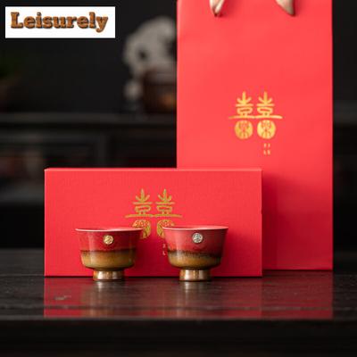 Lote de 2 tazas de té festivas para parejas, para bodas, jubilosas, rojas, Galze, maestras, juego de té de Kung Fu, taza grande para tostadas, caja de regalo
