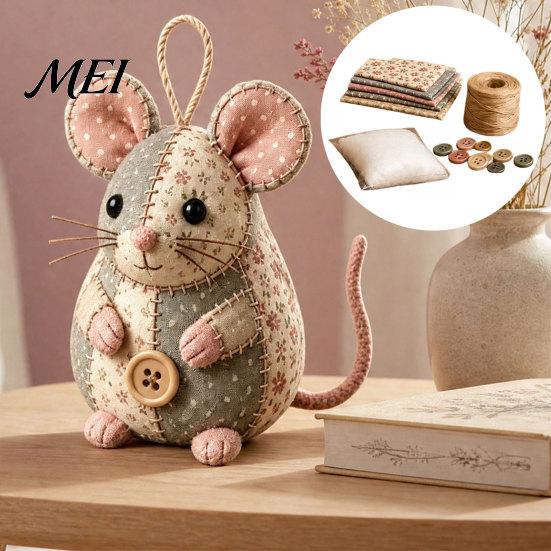 Kit de Costura de Ratón Patchwork para Regalo Hecho a Mano, Set de Manualidades con Tela Floral, Relleno y Botones de Tela, Adorno de Peluche Lindo para Principiantes