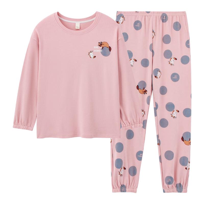 100% Cotton Women's Pajama Set – Breathable, Sweat-Absorbent, Long Sleeve Crew Neck for Indoor & Outdoor Wear (Autumn/Winter)