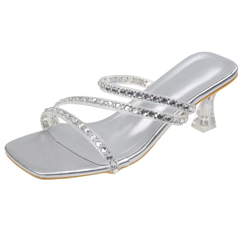 

Тапочки на толстом каблуке со стразами и кристаллами, лето 2025, новые модные туфли с одним словом на высоком каблуке 42 серебряный