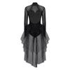 Ladies Ice Skating Dancewear Rhinestone Embellished Long Sleeve Backless Leotard with Tiered Tulle Ruffled Skirt Jumpsuit for Competition