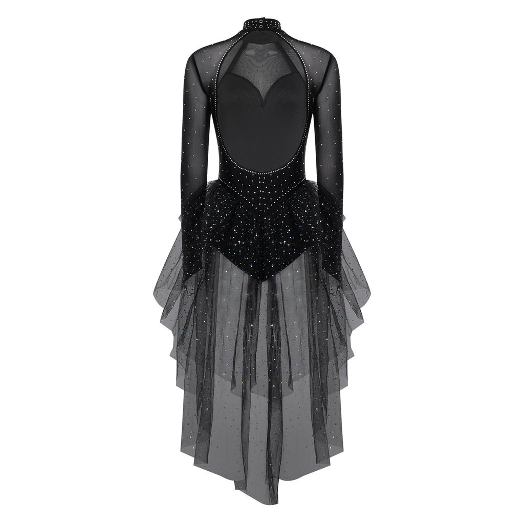 Ladies Ice Skating Dancewear Rhinestone Embellished Long Sleeve Backless Leotard with Tiered Tulle Ruffled Skirt Jumpsuit for Competition