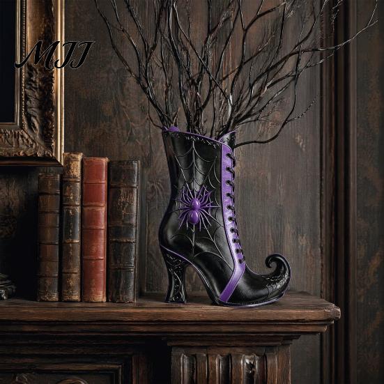 Halloween Themed Floral Display Vessel Witch Boot Vase, Gothic Spider Web Flower Vintage Style Vase for Autumn Decorative Table Centerpiece