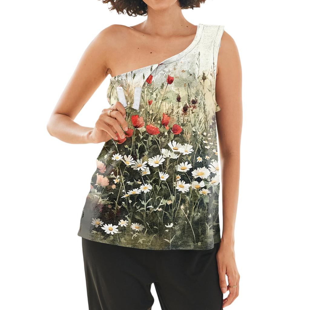 Women Shoulder Surgery Shirt Sleeveless Floral Print Top with Snap Buttons and Adjustable Cuff Design Postoperative Recovery Garment