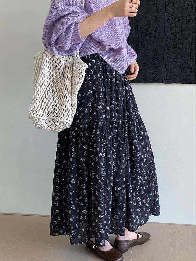 Korean Retro Floral Print Midi Skirt for Women - 2025 Spring/Summer Elastic Waist A-Line Umbrella Skirt