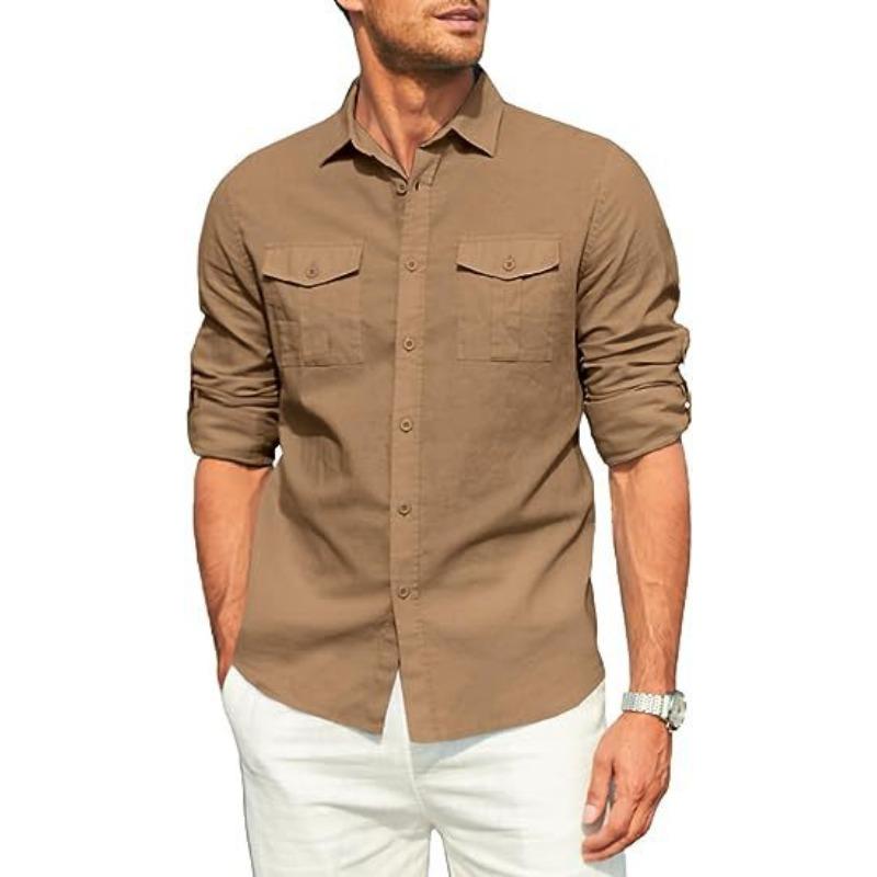 Men's Shirt Double Pocket Cotton Blends Long Sleeved Shirt Casual Vacation Shirts