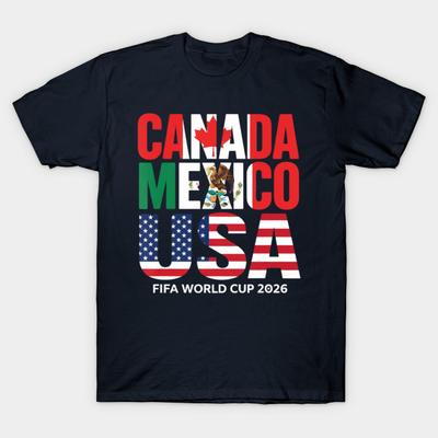 Herren Schwarzes Print-T-Shirt Kanada Mexiko USA 2026 Weltmeisterschaft Austragungsorte No-Cut Transferpapier Druck Baumwoll-T-Shirt