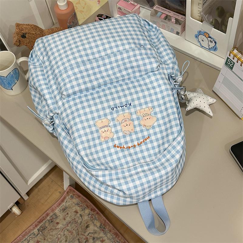 Plaid Student Schoolbag Cartoon Puppy Backpack