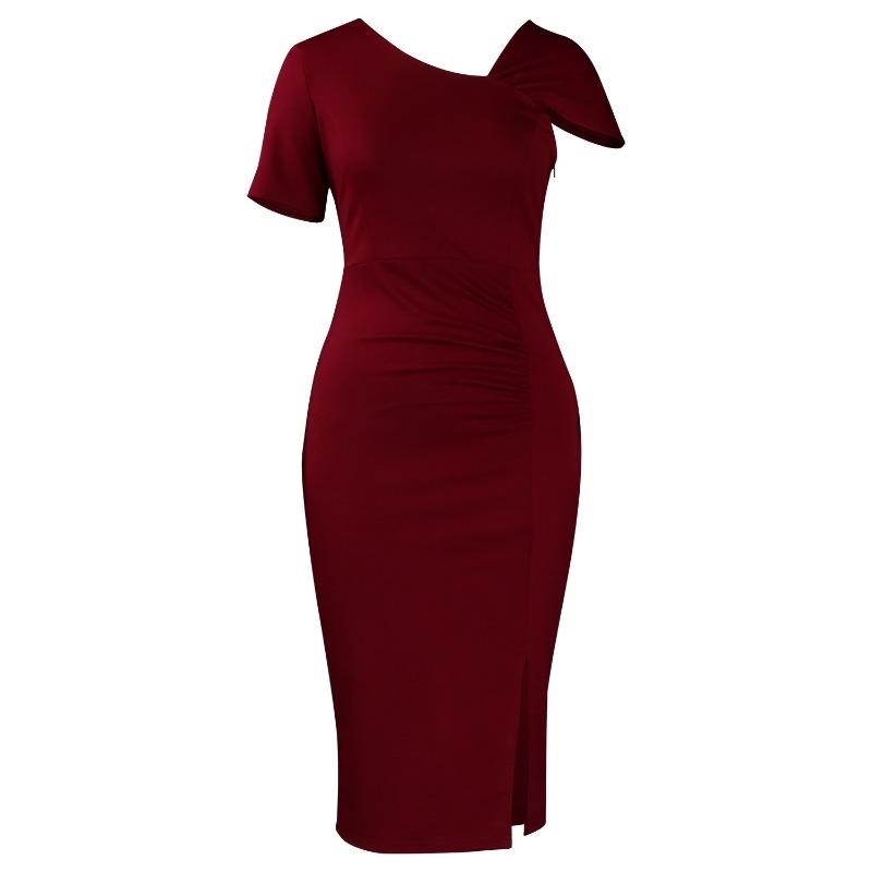 Women Fashion Elegant Solid High Waist Hip Wrap Short Sleeve Midi Dress