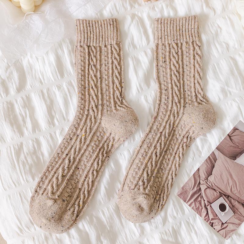 Wool Socks Children'S Season Mid-Tube Socks Versatile Solid Color Retro Twist Pattern Fleece Thickened Warm Pile Socks Women