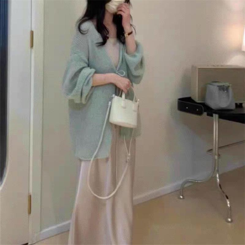 Long-sleeved knitted cardigan women's autumn lace-up solid color with lazy gentle wind loose early spring knitted jacket