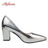 Aphixta Spring Silver 7cm Chunky Heels Pointed Toe Pumps Women Shoes Square Heel Party Official Large Big Size 45 46