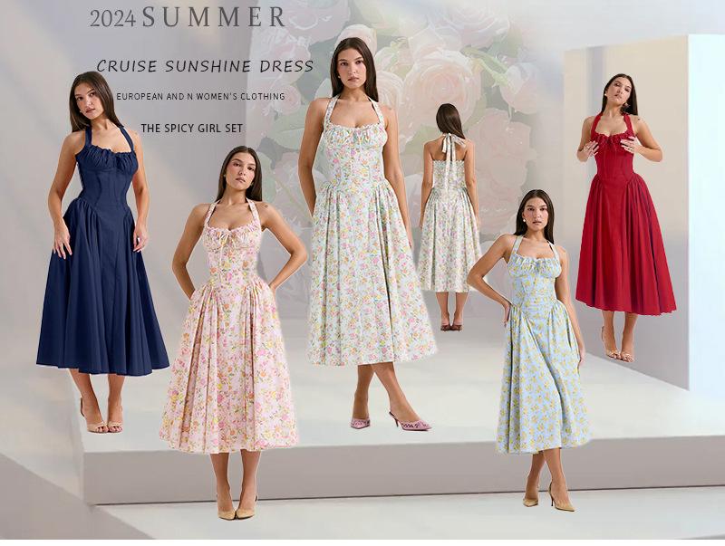 2025 European & American Style Summer Slim Spaghetti Strap Printed Halter Lace Dress