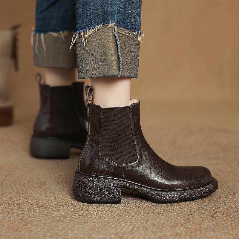 Krazing Pot Sheepskin Pleated Decoration Autumn Winter Shoes Chunky Heels Size 43 Size 42 Round Toe Slip on Retro Fashion Ankle Boots