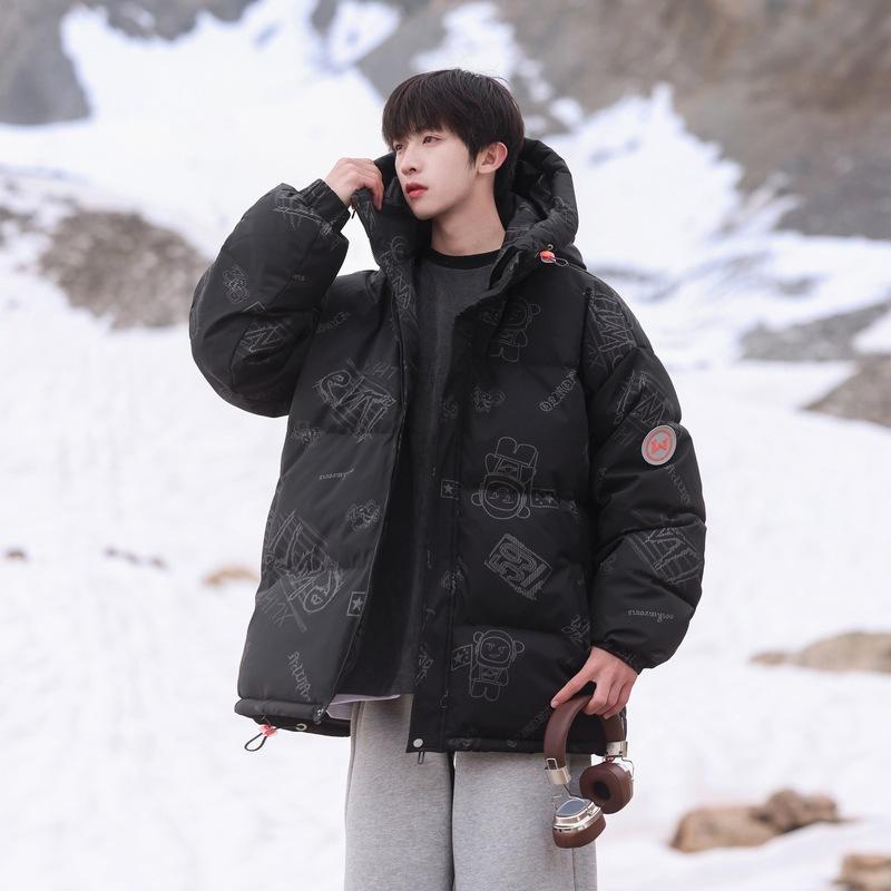 

Мужские и женские куртки на белом утином пуху, зима, новая печать, модная, повседневная, универсальная куртка с капюшоном, красивая 3XL чёрный