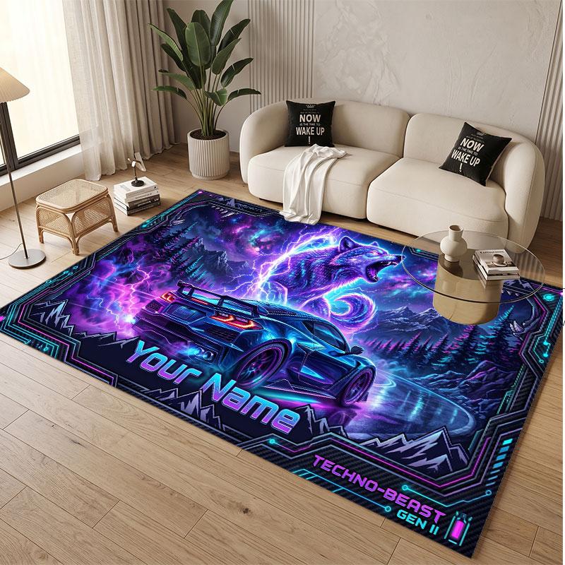 Car Racing Theme Soft Crystal Velvet Rug Custom Name & Text Print Non Slip Floor Rug for Bedroom Living Room