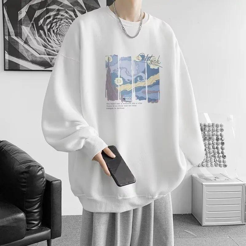 Hong Kong Style Heavyweight Round Neck Sweatshirt for Men and Women – Trendy, Versatile, Casual, Loose Long Sleeve for Autumn and Winter Thin Style White
