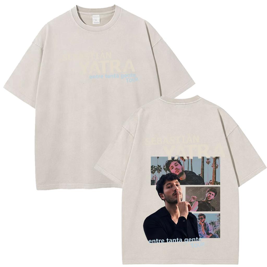 Singer SEBASTIAN YATRA Entre Tanta Gente Tour Print T Shirt Unisex Cotton Casual Vintage Washed Oversized Tshirts Streetwear